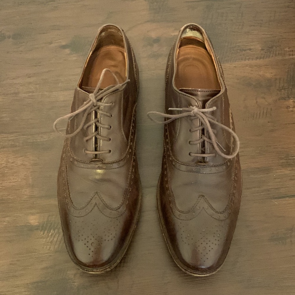 COLE HAAN MENS LEATHER SHOES BROWN LACE UP WING TIP OXFORD STITCHING 9.5
